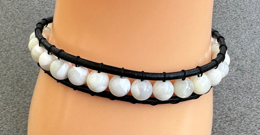 Stunning White Mother of Pearl Shell Black Leather Trim Bracelet 7 3/4” - 8” Wrist Prosperity Courage Grit Energy Gift