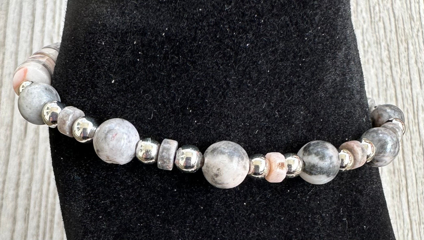 Peace Bracelet, Anxiety Bracelet, Courage Bracelet, Empathy Bracelet, Strength Bracelet, Pink Zebra Jasper Stretch Bracelet, , 6.5”