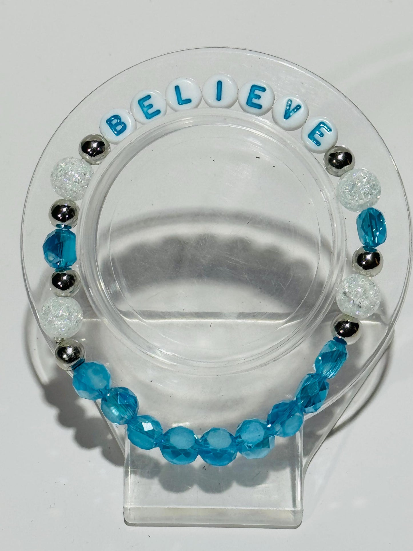 Stretch Believe Charm Bracelet, Crackle Quartz Bracelet, Handmade, Beaded Bracelet, Czech Glass Faceted Beads, Gift 7”