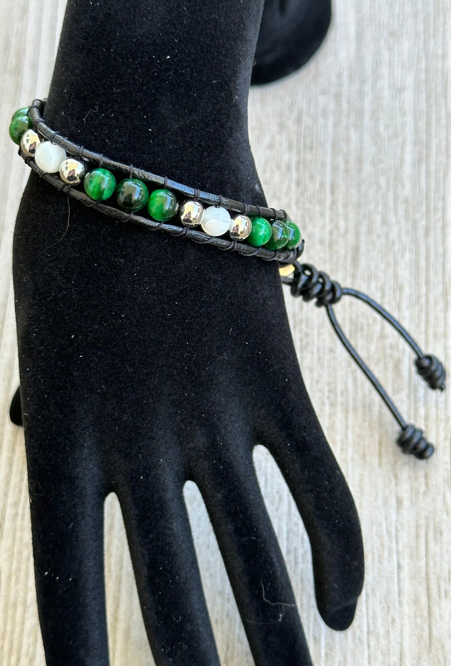 White Mother of Pearl Leather Wrap Bracelet, Boho, Green Tiger Eye Leather Bracelet, Beaded, 7 3/4”-8”  Prosperity