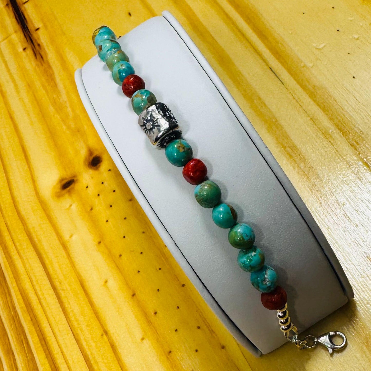 Handcrafted 925 Sterling Silver Bracelet – Kingman Turquoise AAA Blue/Green, Apple Coral Sun Centerpiece, Chain Extender   6.5” - 8”