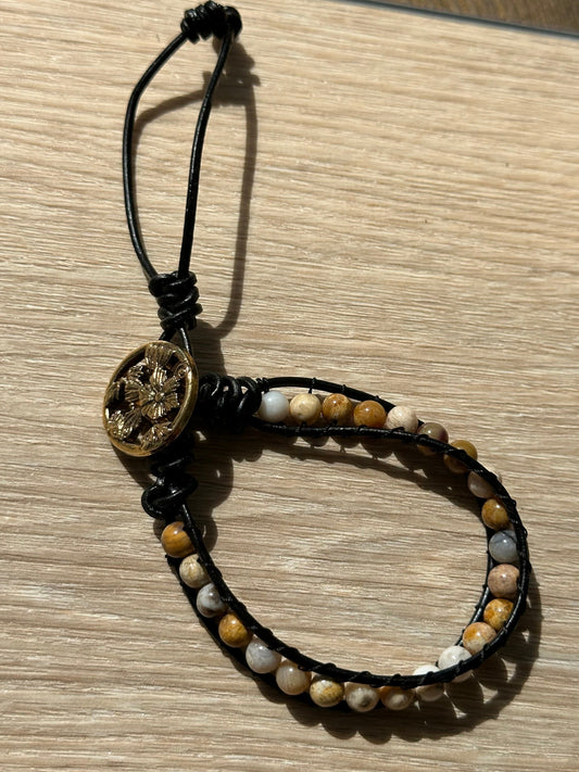 Crazy Lace Agate Bracelet, Black Leather Bracelet, Agate Bracelet, Boho, Minimalist, Snake Knots, Metal Flower Button Closure, Joy 7.5”