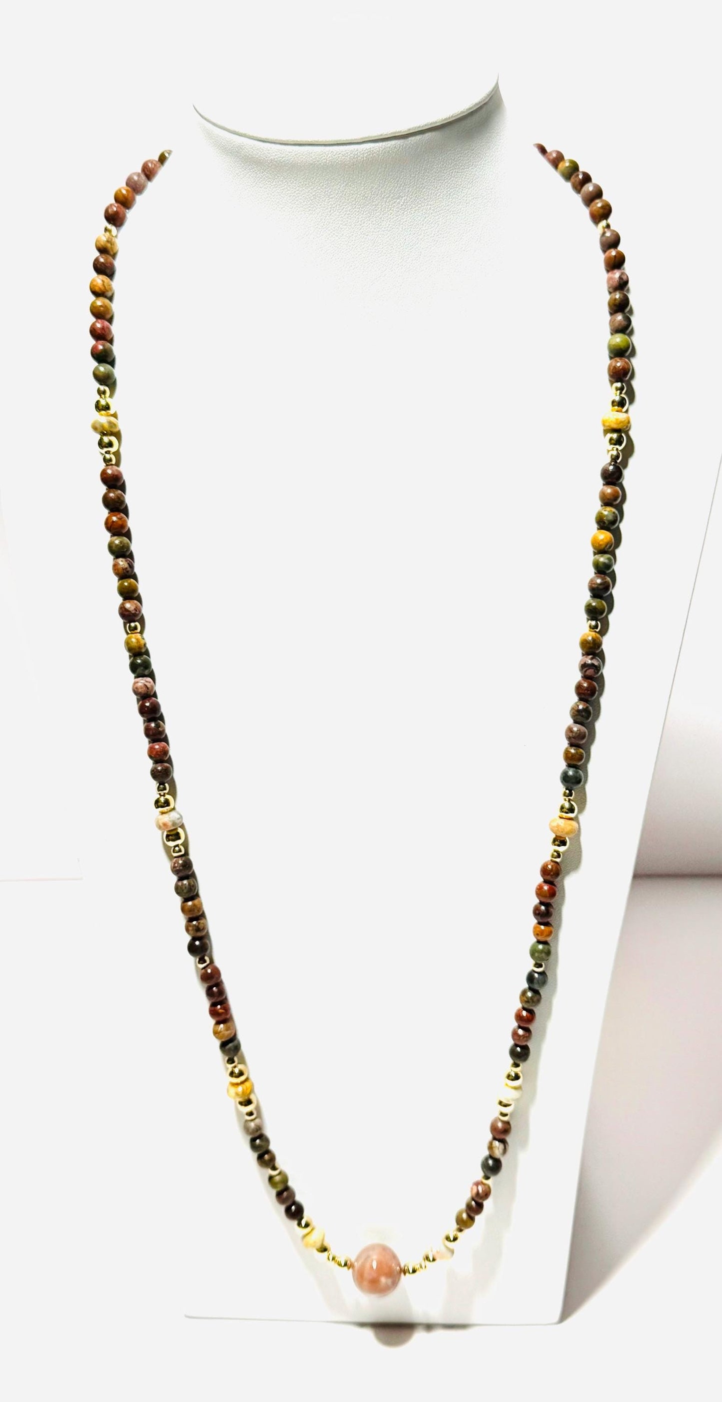 Picasso Jasper Necklace, Crazy Lace Agate Rondelles, 16mm Agate Centerpiece, Semi Precious Gemstone, Beads, Gift for Her, 34”, Encouragement