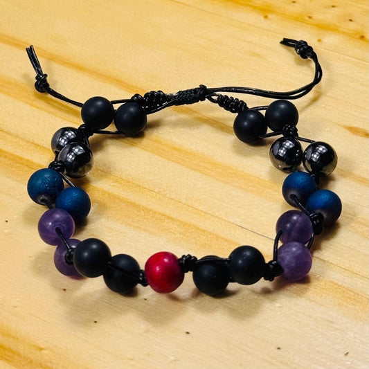 Adjustable Biker Motorcycle Bracelet, Leather Cord, Stone & Wood Beads Adjustable, Red Black Smoke Purple. 6.5” - 9.5”