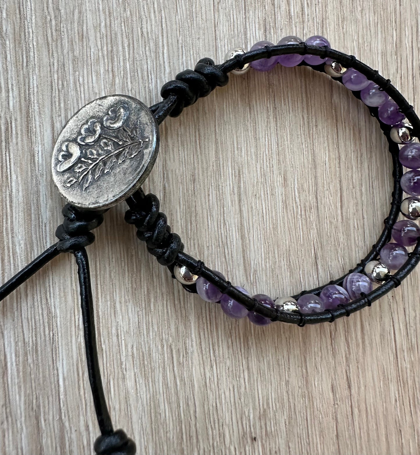 Calming, Anxiety, Tranquility, Protection, Negativity, Fear, Emotional Balance, Amethyst Bracelet, Black Leather,Button Closure, 7”-7.5”