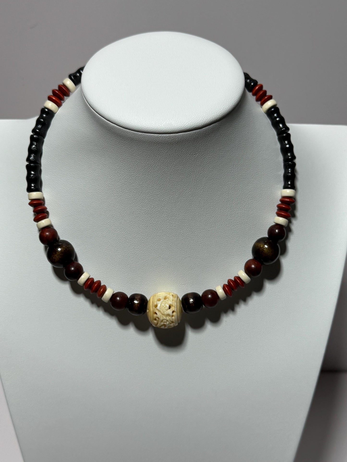 Beaded Necklace, Choker Necklace, Carved Bone Center Piece, Wood Beads, 17”