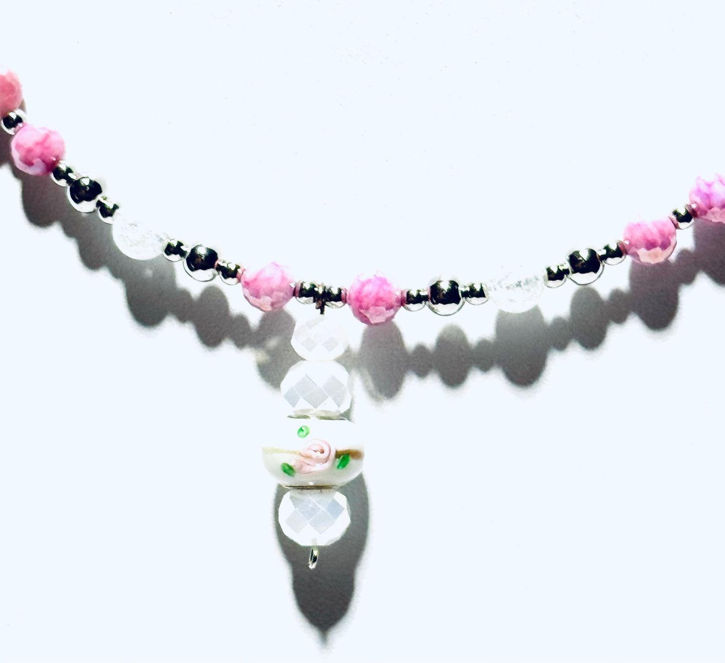 Beaded Pendant Necklace, Pink Choker Pendant Necklace, Rose Lamp Work Bead Pendant with Faceted White Glass Beads, 17”, Gift for Women
